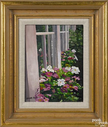Annette Parlin (Maine 20th c.), oil on canvas of a flower box, titled Window Dressing, signed