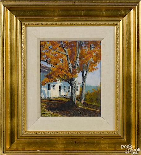 Terry La Mar (20th c.), alkyd on masonite of a backyard landscape, titled The Maples, signed
