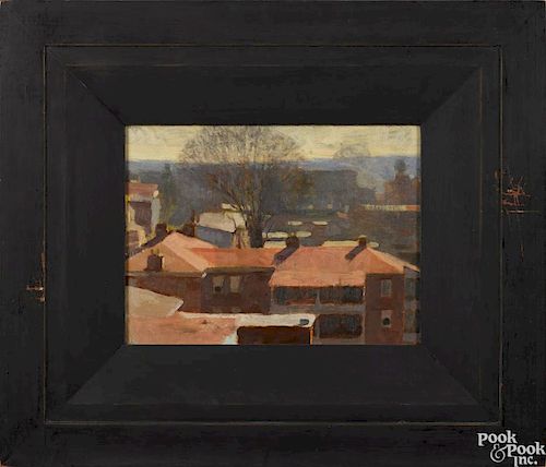 Jon Redmond (American 20th c.), oil on panel, titled Rooftops, February, signed verso