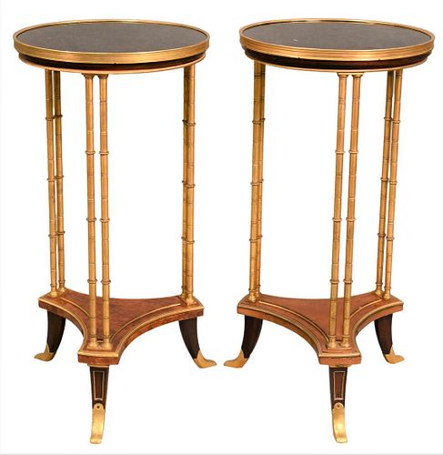A Pair of Louis XVI Style Bronze Ormolu and Burl Maple Gueridon A Doubles Colonnettes Tables