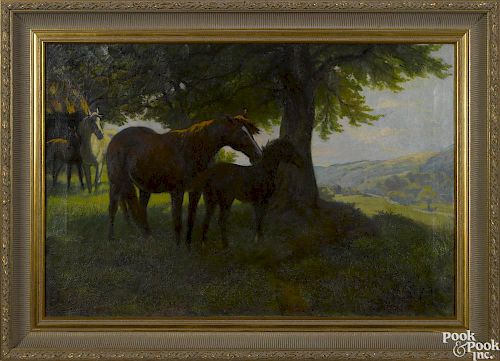 Adrian Jones (British 1845-1938), oil on canvas of horses, signed lower right, 24 1/2'' x 36''.