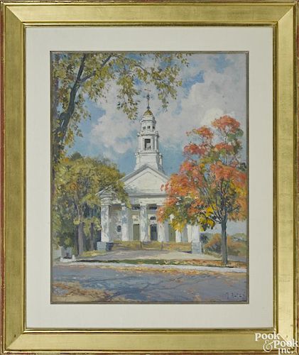 Mathias Alten, (American 1871-1938), oil on canvas of a church in a landscape, signed lower right