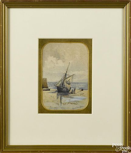 Nora Davison (British 1881-1905), watercolor of a sailboat beached on a shore, titled Sash