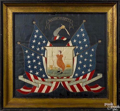 Silk on linen needlework, late 19th c., depicting the Massachusetts State Seal, 20'' x 22''.