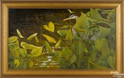 Michael Brock (American 20th c.), oil on canvas of a heron in a pond, signed lower right