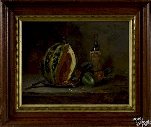 Charles Hoguet (German 1821-1870), oil on board still life with fruit and wine, signed upper right