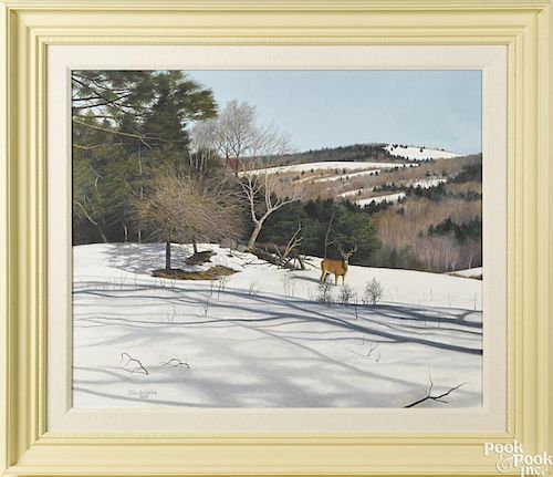 William Baldwin (Maine 20th/21st c.), oil on panel of a winter landscape with a stag, signed