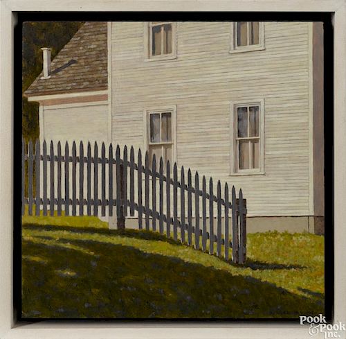 David Vickery (Maine 20th c.), oil on panel, titled Shaker Fence, signed lower right, 9'' x 9''.