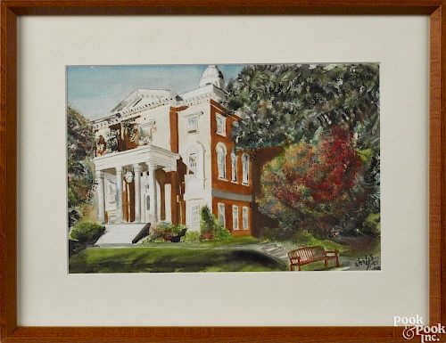 Watercolor of an institution, signed illegibly, dated 11/4/95 lower right, 8'' x 12''.