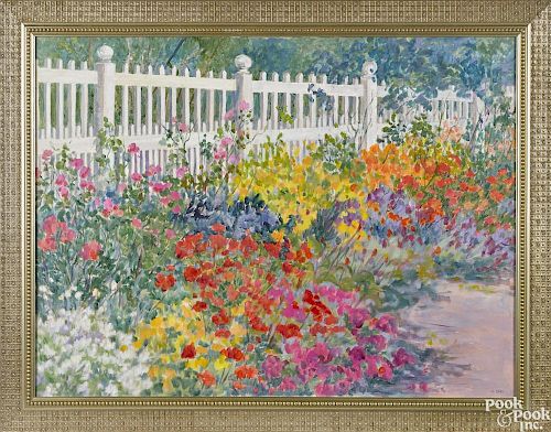 June Cary (American 20th c.), oil on canvas of flowers along a white picket fence, signed