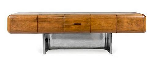 A Walnut and Chromed Aluminum Console Cabinet Height 39 1/2 x width 94 1/2 x depth 37 1/2 inches