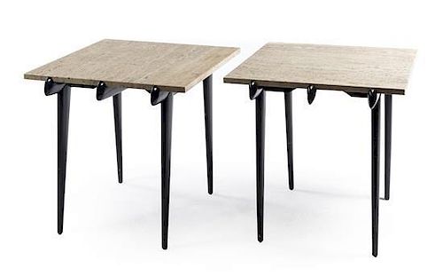 A Pair of Rectangular Travertine and Ebonized Wood End Tables Height 23 x width 24 x depth 24 inches