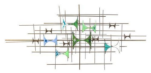 An Abstract Enamel and Brass Wall Sculpture Width 36 inches