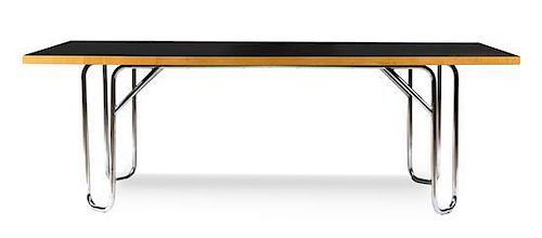 * A Modern Laminate, Wood, and Metal Dining Table Height 29 1/2 x width 89 x depth 34 inches