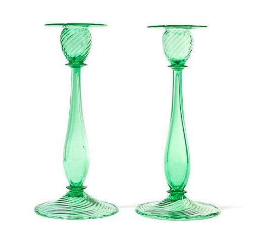 Steuben,  a pair of topaz glass candlesticks, pattern number 6270
