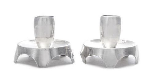 A Pair of American Silver Candlesticks, , having an arched base supporting a vasiform cup