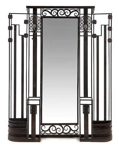 An Art Deco Wrought Iron Hall Tree, FRANCE, EARLY 20TH CENTURY, the central mirror flanked by a series of hooks