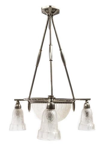 An Art Deco Three-Light Chandelier, FRANCE, EARLY 20TH CENTURY, with a metal frame and three lights surrounding an etched gla