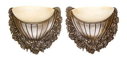 A Pair of Art Nouveau Bronze and Alabaster Sconces Height 16 inches