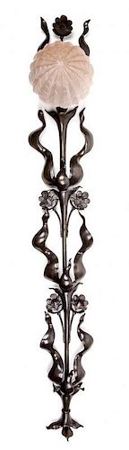 An Art Nouveau Bronze and Glass Sconce, 20TH CENTURY, the backplate of foliate form with a later globe shade
