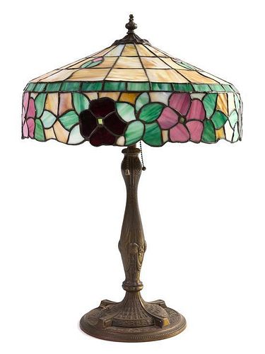 An American Leaded Glass Table Lamp, EARLY 20TH CENTURY, with floral border
