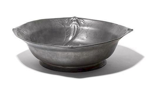 A German Jugenstil Pewter Bowl, Kayserzinn, , #4481, of rounded square form with stingrays at the corners