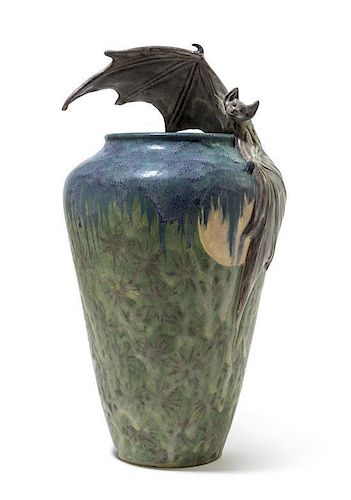* A Freiwald Art Pottery Vase, SECOND HALF 20TH CENTURY, of ovoid form with applied bat, decorated with a moonlit landscape