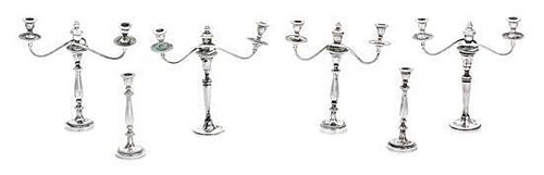 A Group of Six English Silver Candelabra, Stuart McCabe, London, each having a baluster form stem, comprising four three-ligh