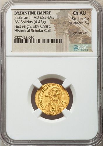 Justinian II, First Reign (AD 685-695). AV solidus (20mm, 4.42 gm, 7h). NGC