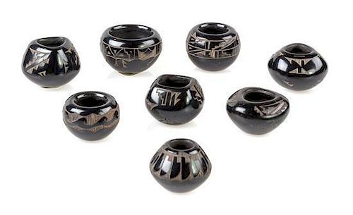 Eight Santa Clara Blackware Pottery Jars Height of tallest 3/4 inch.