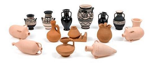 A Group of Greek Style Pottery Vessels Height of tallest 2 1/8 inches.