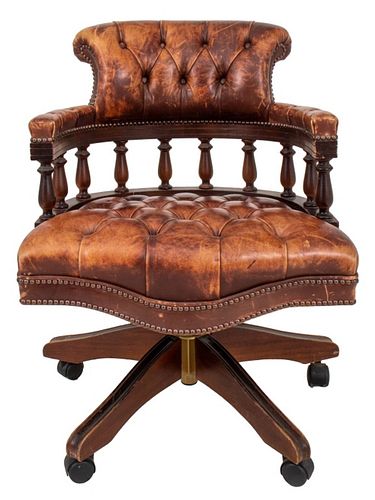 Chesterfield Tufted Leather Swivel Office Armchair