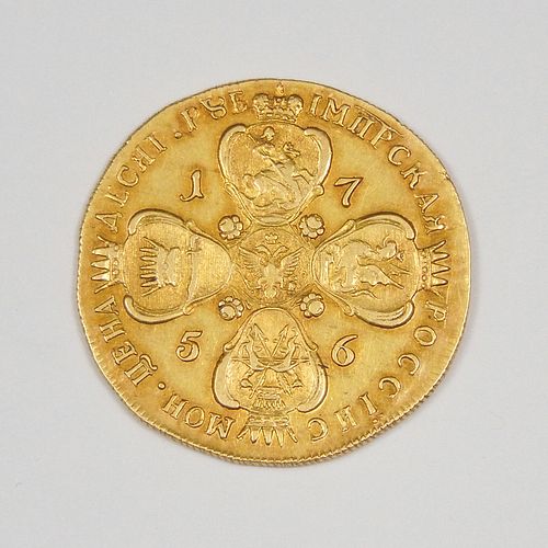 1756 Russia Elizabeth 10 Ruble Gold Coin.