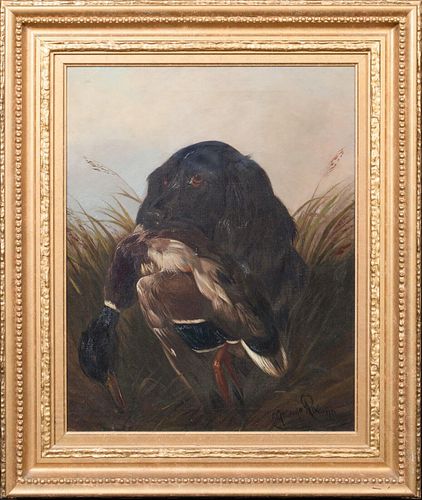 BLACK SPANIEL WITH A DUCK OIL PAINTING