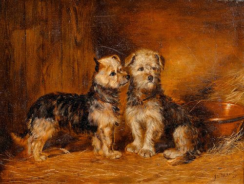  PORTRAIT OF TERRIER PUPS IN A BARN OIL PAINTING