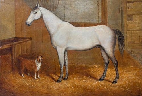 GREY HUNTER & TERRIER IN A STABLE OIL PAINTING
