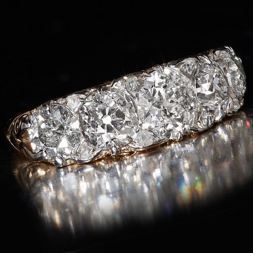 IMPRESSIVE ANTIQUE DIAMOND FIVE STONE RING. set with large old cut graduated diamonds totalling approx 3.31 ct. size L. 4.9 grams.