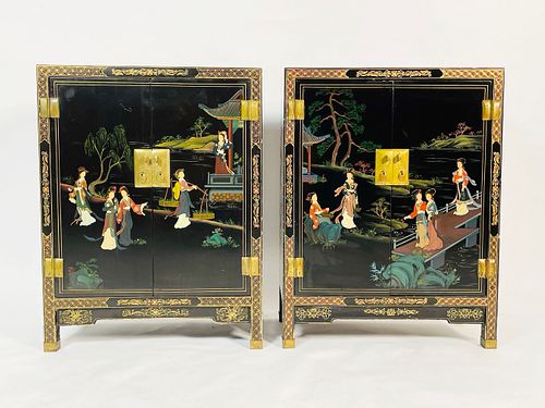 Pair of Chinoiserie Black Lacquer Hand Painted Nightstands Cabinets