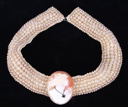 C. 1950 Japanese Pearl Beaded Cameo Necklace