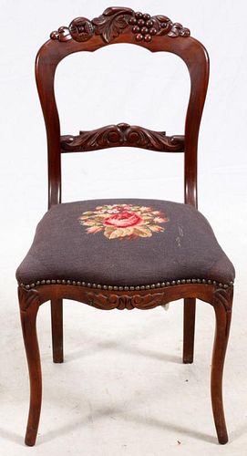 CARVED MAHOGANY AND NEEDLE POINT SIDE CHAIR