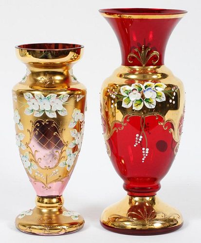 BOHEMIAN RUBY GLASS VASES 2 PIECES