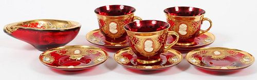 BOHEMIAN RUBY GLASS CUPS AND SAUCERS 8 PIECES