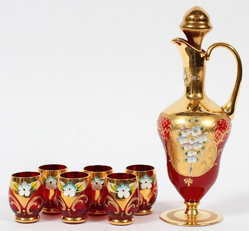 BOHEMIAN RUBY GLASS DECANTER AND CORDIALS 7 PIECES