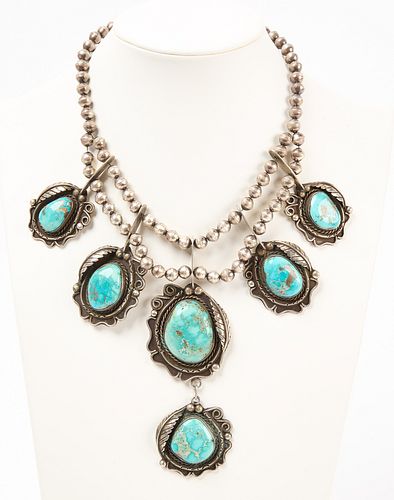 Navajo Silver Necklace Set with Turquoise Stones