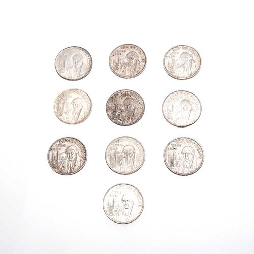 Diez monedas de 5 pesos del año de Hidalgo en plata .720 277.6 g.
