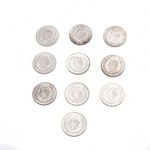 Diez monedas Hidalgos de 5 pesos en plata ley .720. Peso: 277.4 g.
