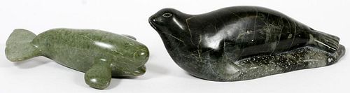 INUIT HAND CARVED STONE WHALE AND FUR SEAL SIGNED