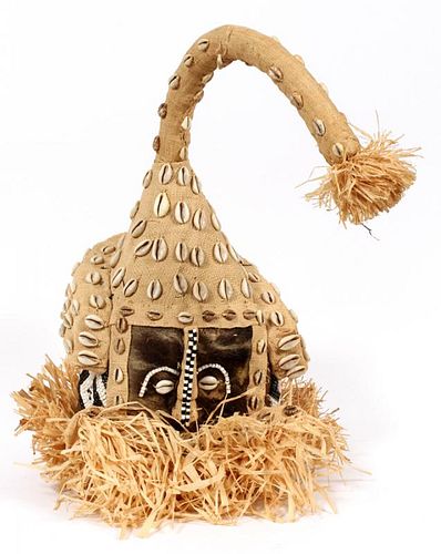 AFRICAN WOVEN TRIBAL MASK W/ SHELLS