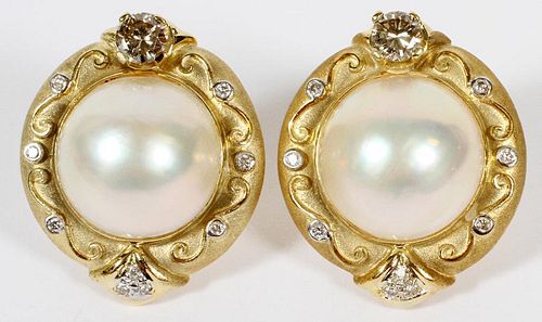 BROWN DIAMOND MABE PEARL AND GOLD EARRINGS
