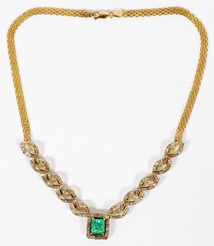 14KT GOLD EMERALD AND DIAMOND NECKLACE
